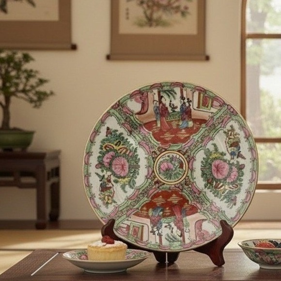 Japanese Porcelain Ware Rose Medallion Plate Hand Decorated Hong Kong 10 Inch